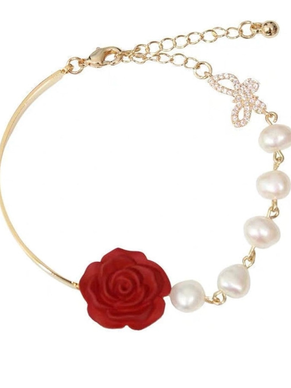 Gold Pearl Bracelet with Red Rose Accent